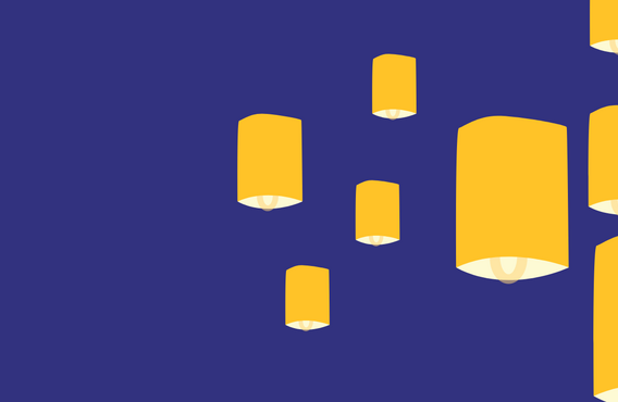 Blue background with floating yellow lanterns.