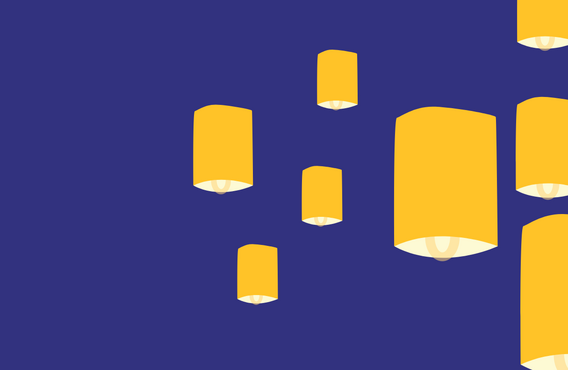 blue background with several yellow lanterns.