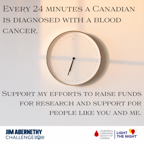 JAC Posts - Instagram Square. "Every 24 minutes a Canadian is diagnosed with a blood cancer. Support my efforts to raise funds for research and support for people like you and me"